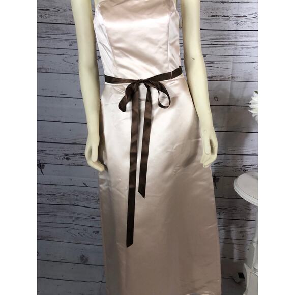 NWT Bill Levkoff Tan Satin Brown Belt Strapless Formal Bridesmaid Dress size 10 - Picture 5 of 12